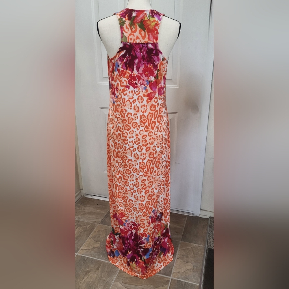 John Paul Richard POrange Animal Print & Floral Print Maxi Dress Size M Stretchy - Picture 3 of 9